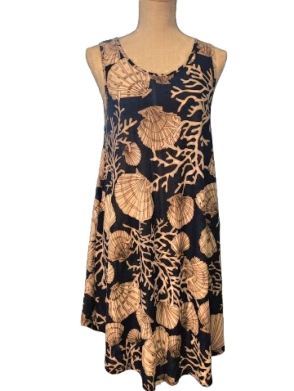 Sleeveless Navy & Beige Seashell Print Dress